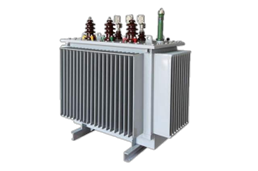 Oil-immersed transformer fitted with HV bushings, gas relay, and tank radiator fins